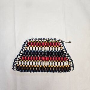 Vintage 1930s Czech Colorful Wooden Bead Clutch Suzanne Brand 4" x 7" Small Zipp